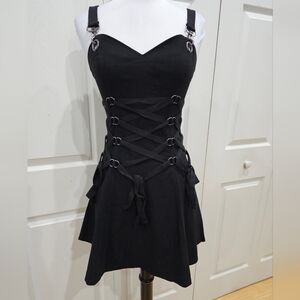 Dolls Kill Current Mood Punk Goth Black Clasp Photo Op Lace-Up Skater Mini Dress